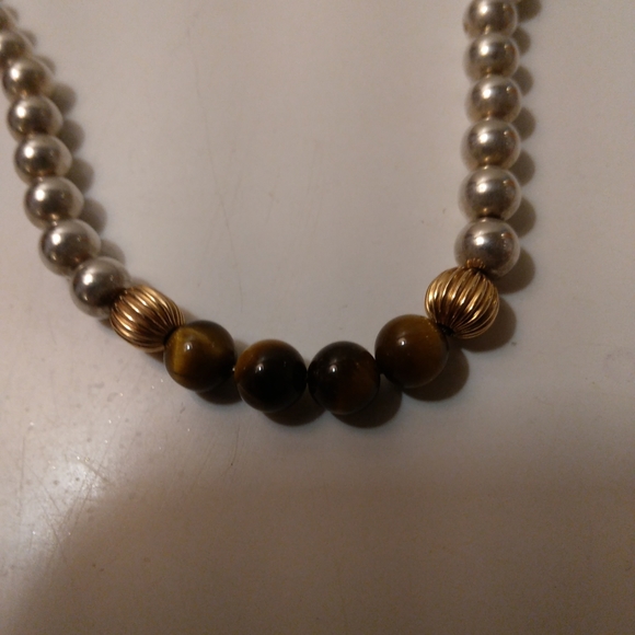 Vintage solid sterling silver necklace the chain, balls, & tiger Eye stones - Picture 1 of 12
